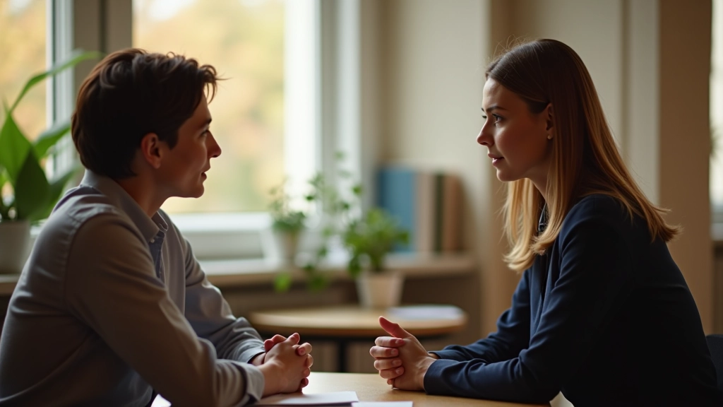 Due persone sedute uno di fronte all'altro in una conversazione attenta, ambiente luminoso e calmo